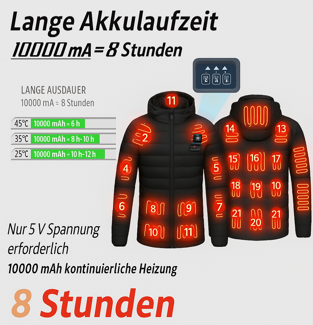 Beheizte Unisex-Jacke 21 Heizzonen & 3 Temperaturstufen