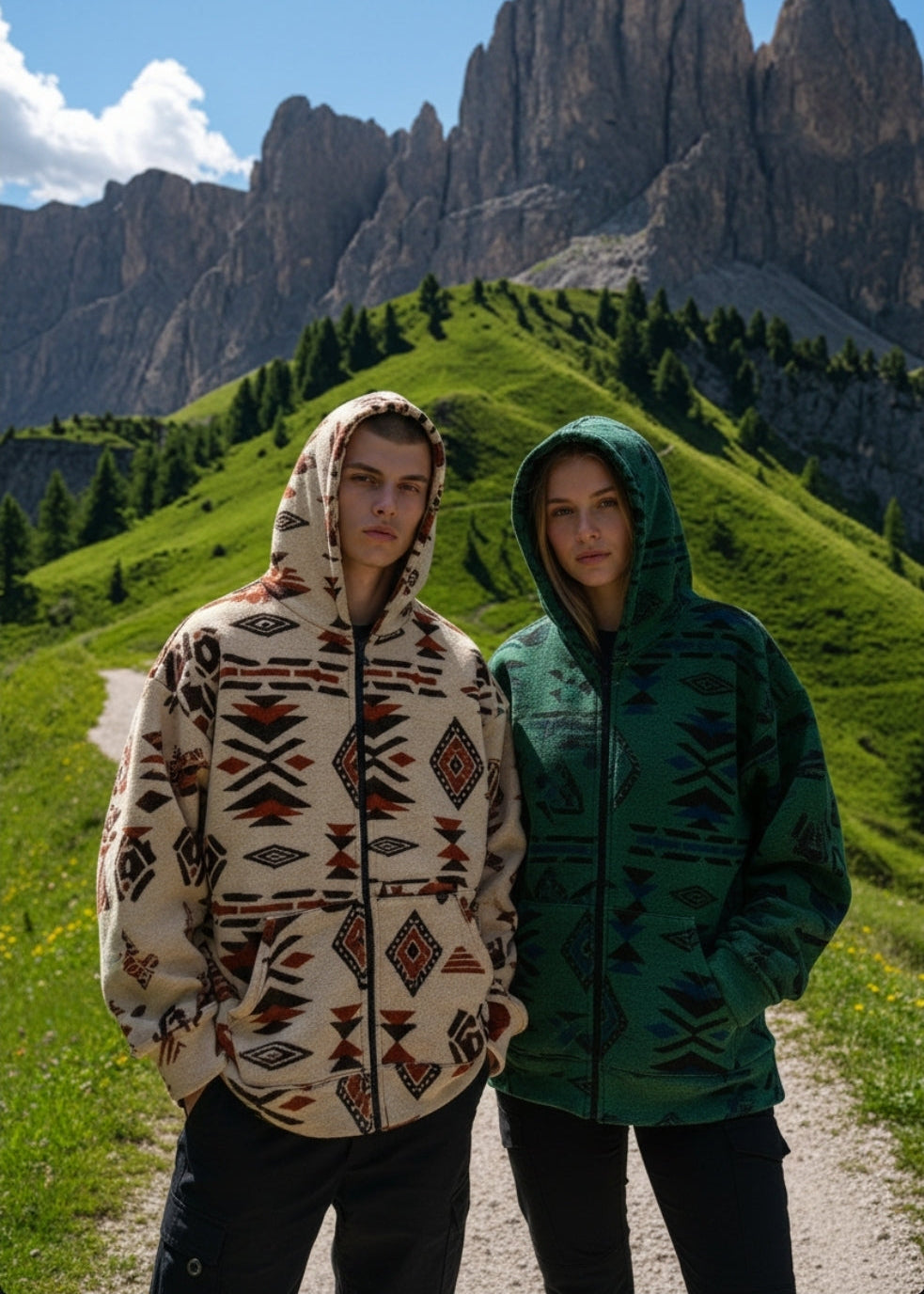 Warme Teddy-Fleece Weste mit Kapuze im Ethno-Design