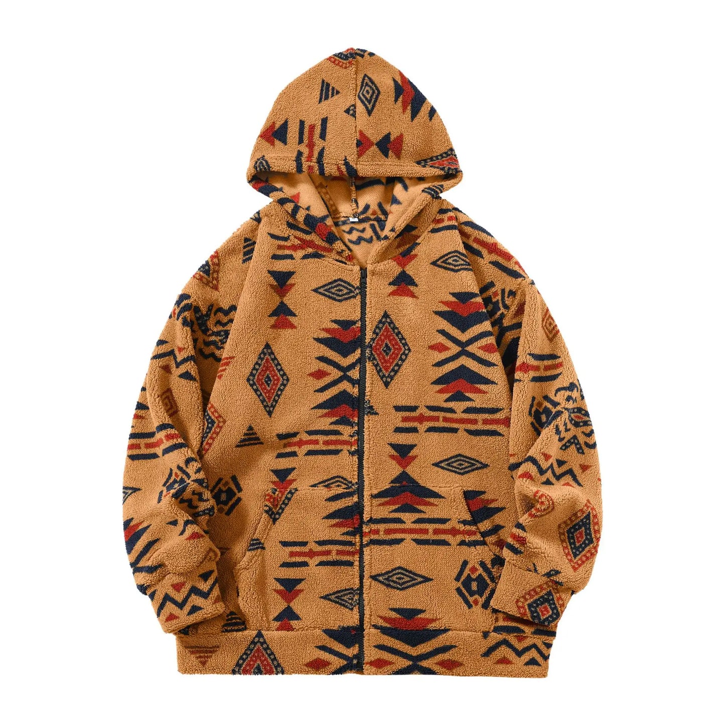 Warme Teddy-Fleece Weste mit Kapuze im Ethno-Design