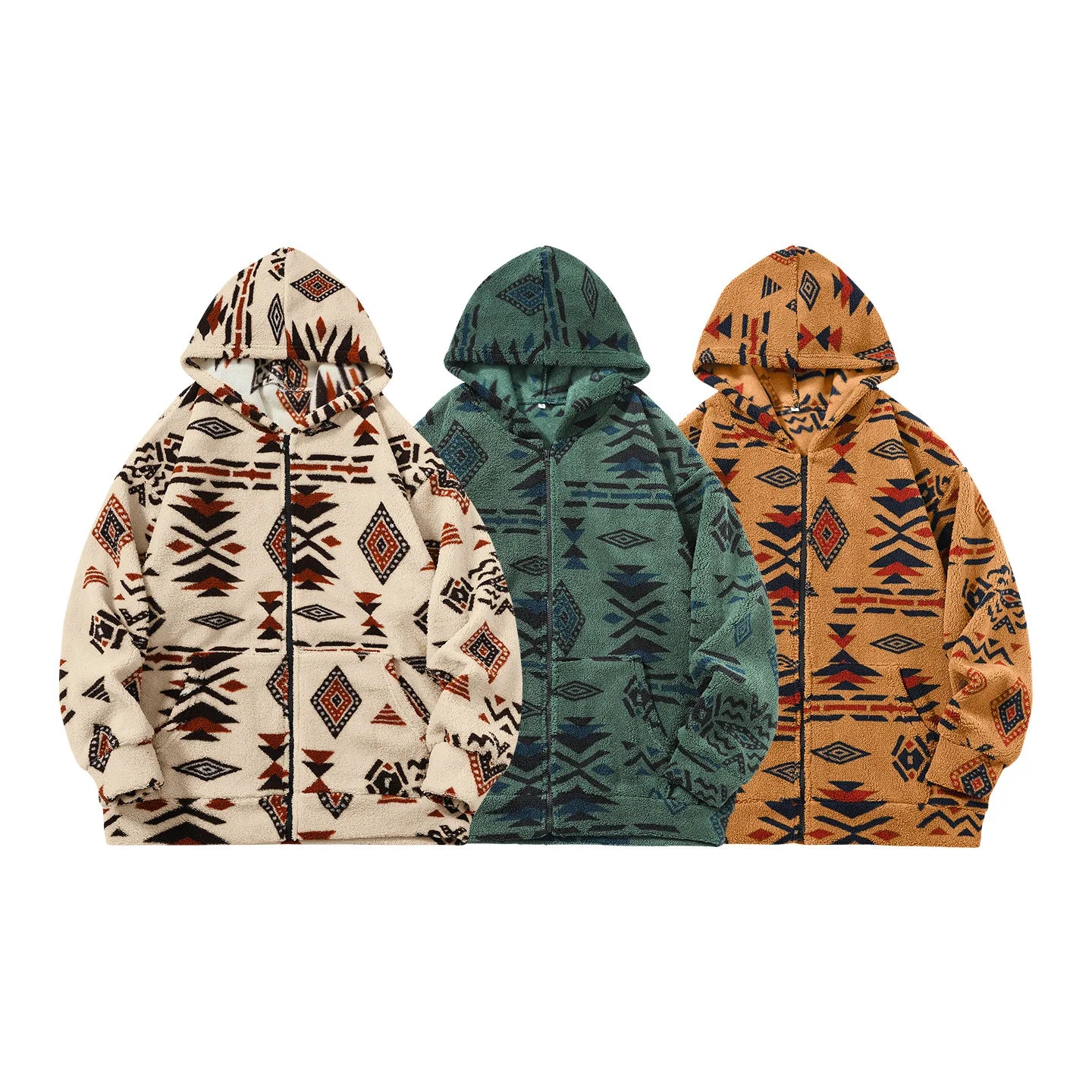 Warme Teddy-Fleece Weste mit Kapuze im Ethno-Design