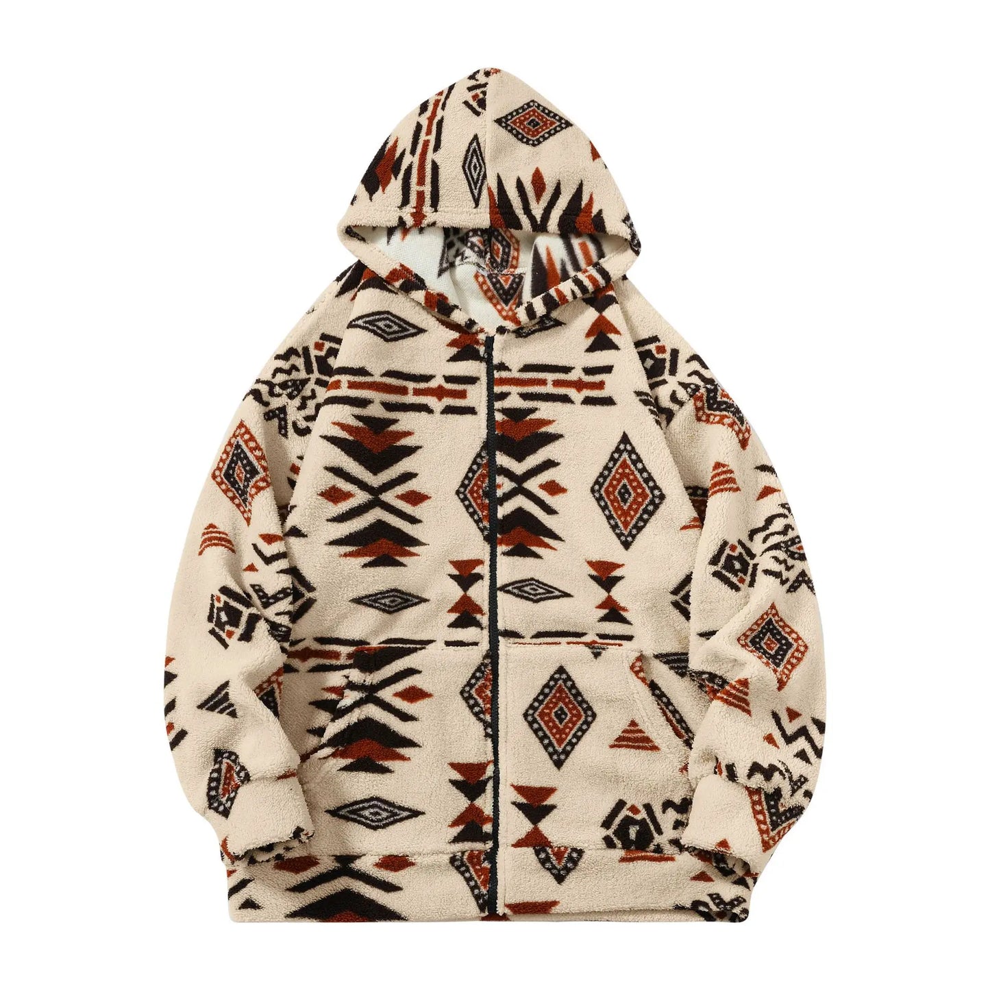 Warme Teddy-Fleece Weste mit Kapuze im Ethno-Design