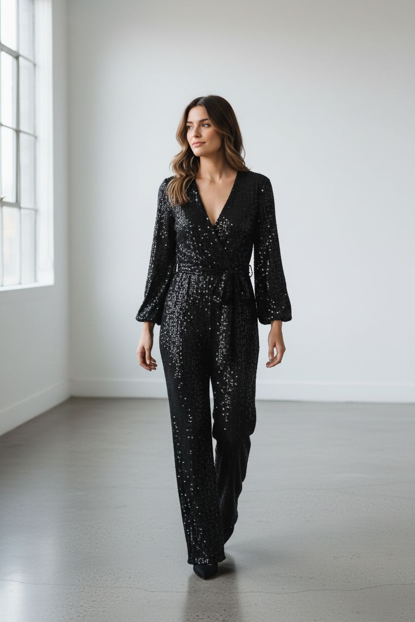 Glitzer Festtags-Jumpsuit mit Bindegürtel