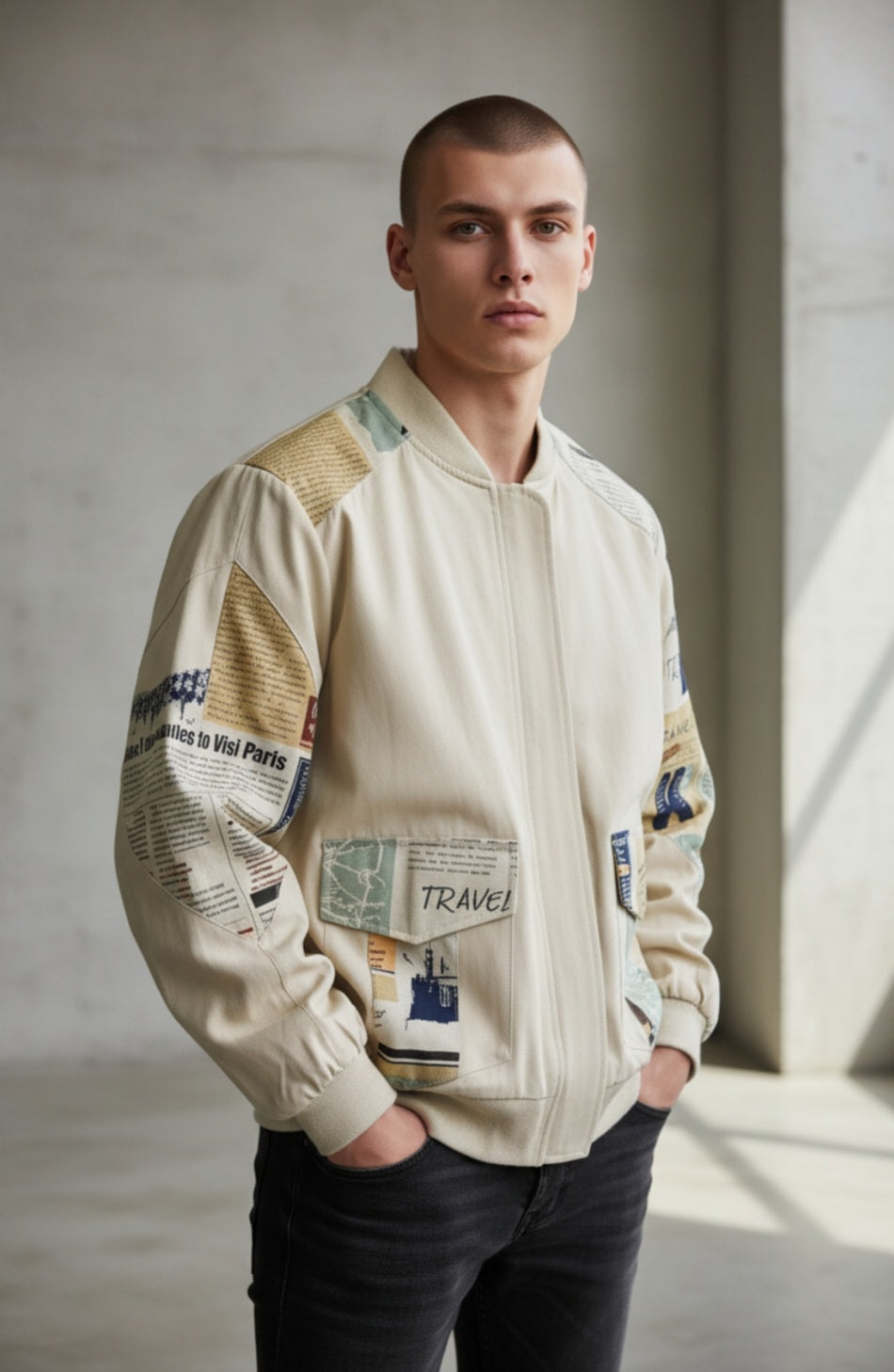 Tobi Patchwork Bomberjacke mit Zeitungsprint