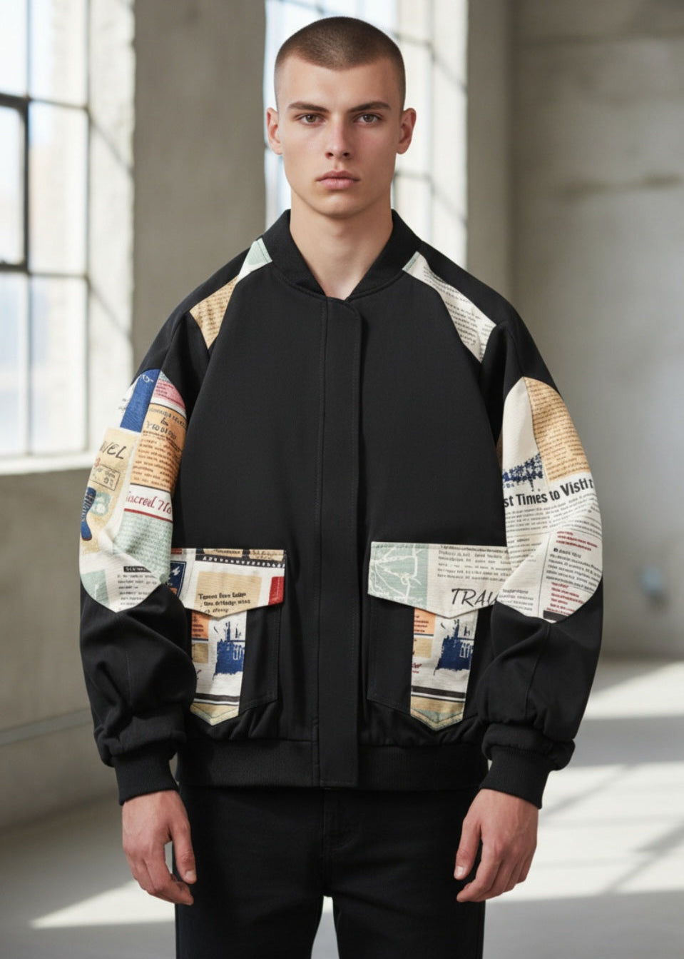 Tobi Patchwork Bomberjacke mit Zeitungsprint