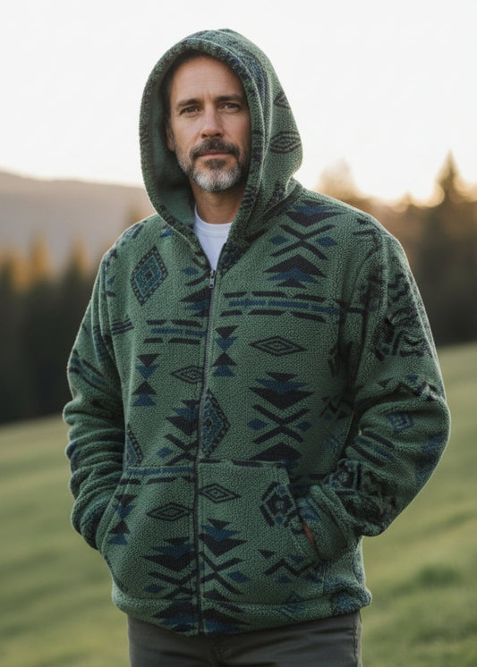 Warme Teddy-Fleece Weste mit Kapuze im Ethno-Design