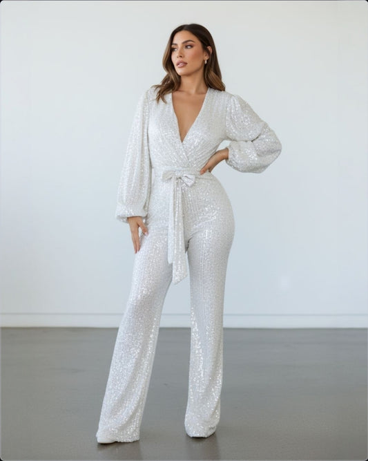 Glitzer Festtags-Jumpsuit mit Bindegürtel